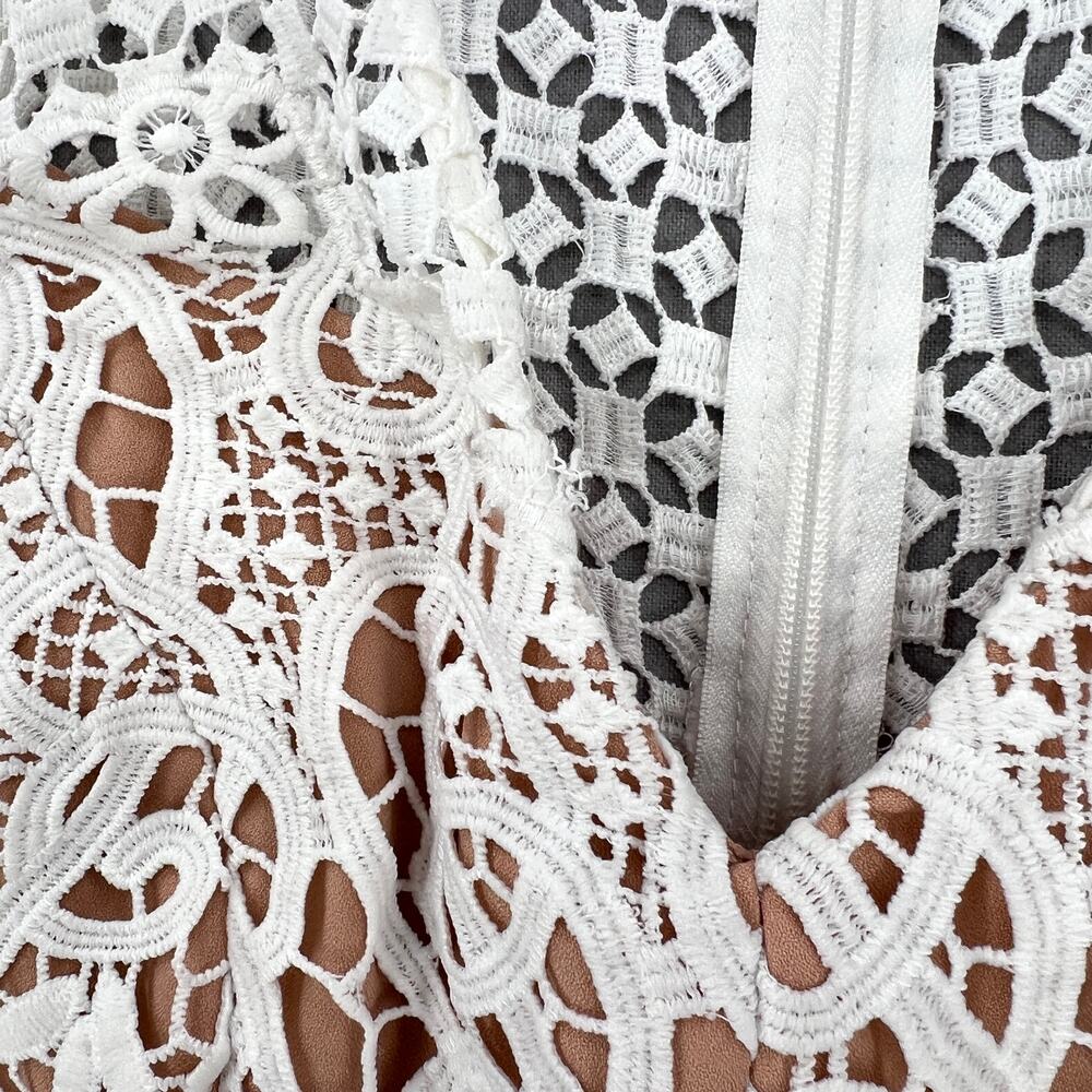 BARNEYS NEW YORK Crochet Lace Dress Womens XS White V-neck Sleeveless Tulip Midi - Picture 12 of 16